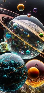 Abstract cosmic wallpaper with colorful spheres and planet-like designs.