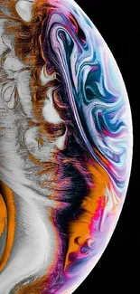 Vibrant abstract swirl against black background, colorful and cosmic design.