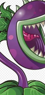 Purple cartoon plant monster with sharp teeth and green leaves.