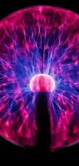 Vibrant plasma ball with pink and purple sparks on a black background.