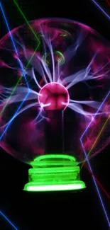 Colorful neon plasma globe with electric arcs on a black background.