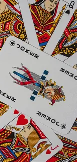 Vibrant design of playing cards with a joker prominently displayed.