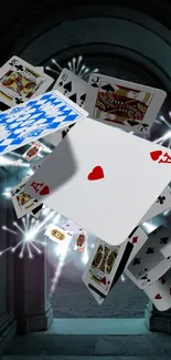 Dynamic mobile wallpaper with playing cards floating in motion.