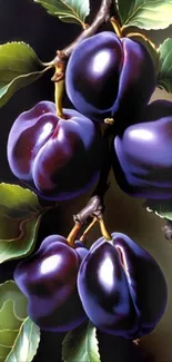 Artistic wallpaper featuring vibrant purple plums with green leaves.