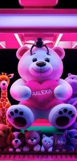Colorful plush toys in a neon-lit claw machine.