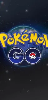 Pokemon Go wallpaper featuring colorful logo with earth and starry background.