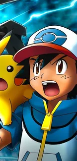 Pokémon characters in vibrant setting with Pikachu and friend.