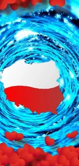 Poland map with blue vortex and red hearts wallpaper.