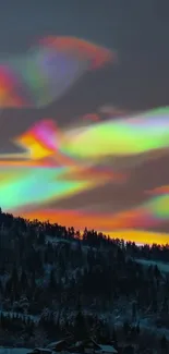 Colorful aurora over a winter forest.