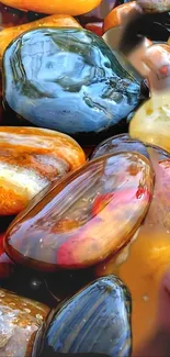 Colorful polished stones in vibrant hues.