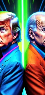 Dual political portrait with vibrant colors and artistic flair.