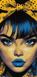 Bold pop art portrait with blue and yellow tones.