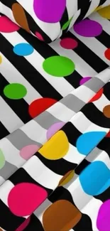 Black and white stripes with colorful polka dots pattern.