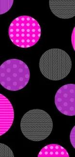 Vibrant wallpaper with polka dots in pink and purple on black background.