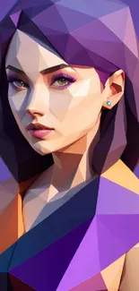 Geometric polygon art portrait on a vibrant purple background.