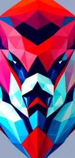 Vibrant polygonal wolf in red and blue geometric design.