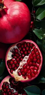 Bright pomegranate with leaves wallpaper.