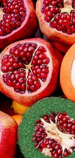 Colorful wallpaper of pomegranate and citrus fruits.