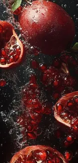 Juicy pomegranate fruit splash artwork with water droplets.