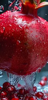 Vibrant pomegranate with water droplets and juice splash.