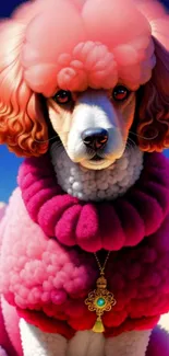 A vibrant poodle in fluffy pink attire against a dreamy sky.