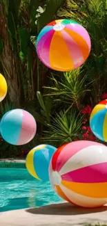 Colorful beach balls floating over a pool in a tropical setting.