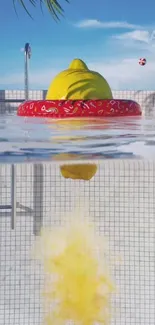 A yellow figure floating in a pool with a red raft under a clear blue sky.