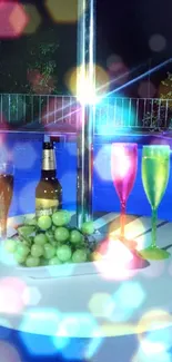 Colorful drinks and grapes by a night pool.