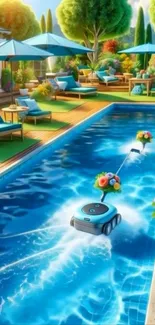 Vibrant poolside oasis with flowers and modern design.