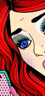 Colorful pop art wallpaper of a woman with red hair and bright blue eyes.