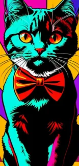 Vibrant pop art style cat with a red bow tie on a colorful background.