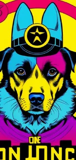 Vibrant pop art wallpaper featuring a colorful dog with neon accents.