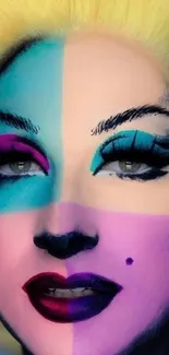 Pop art face with vivid makeup in yellow, blue, and pink tones.