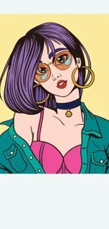 Colorful pop art girl with purple hair and vibrant accessories.