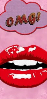 Pop art wallpaper with red lips and pink background.