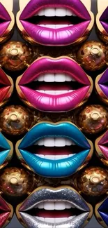 Vibrant and colorful pop art lips wallpaper showing glossy lips in various shades.