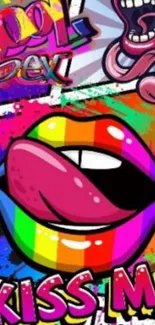 Vibrant pop art wallpaper with rainbow lips design.