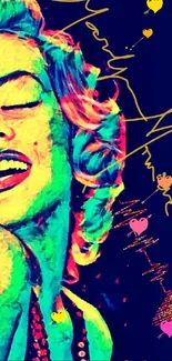 Vibrant pop art wallpaper with neon colors and a smiling face.