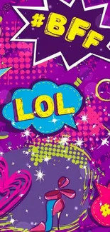 Vibrant pop art wallpaper with fun text elements.