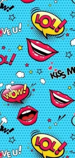 Vibrant comic-style pop art wallpaper with lips and fun text on blue background.