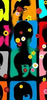 Vibrant pop art wallpaper with colorful portraits and flowers.