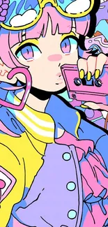 Vibrant anime girl in pop art style, holding cassette.