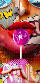 Dynamic pop art wallpaper with vibrant colors and lollipop design.