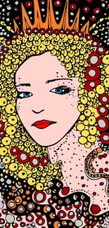 Pop art style portrait with vibrant colors and intricate patterns.