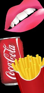 Pop art mobile wallpaper with lips, fries, soda, and colorful star tree on black.