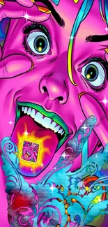 Vibrant pop art wallpaper with a psychedelic design and expressive face.