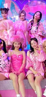 Pink-themed pop group in vibrant attire.