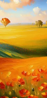 Vibrant poppy field under a golden sunset with a serene horizon.