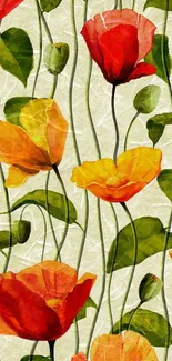 Vibrant poppy flower art wallpaper with red, orange, and yellow blooms.