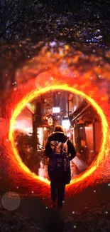 Person enters glowing portal in vibrant fantasy urban scene wallpaper.